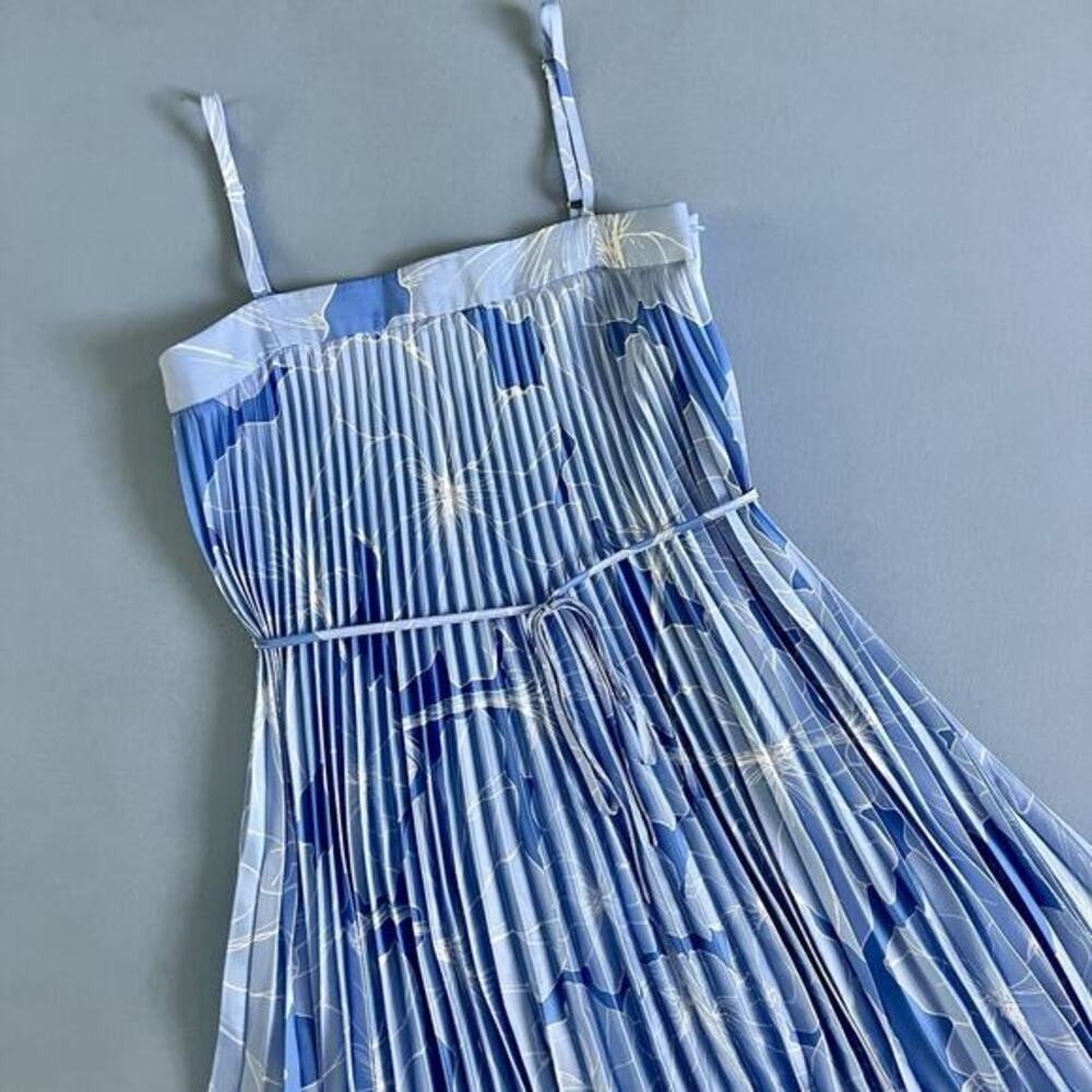 Milly Irene Waterlily Print Pale Blue Pleated Asymmetric Midi Dress - Picture 5 of 7